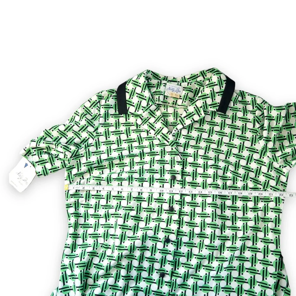NWT Vintage 70s Geometric Print Green Black White A-line Shirt Dress Size 20.5 - Picture 13 of 16